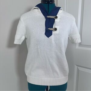 Ralph Lauren Women’s White and Navy Nautical Toggle Neck Hooded Knit Sweater- S